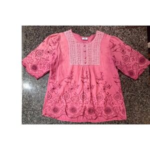 Mad Style Pink Boho Floral Embroidered Crochet Lace Bib Blouse Top L/XL